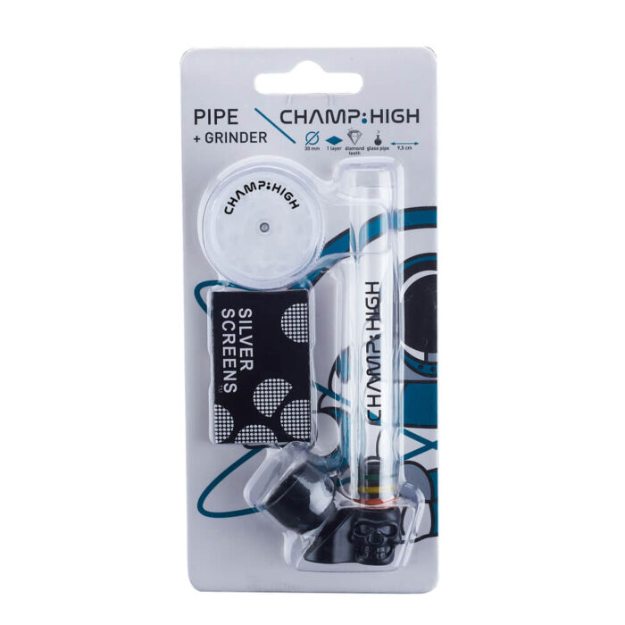 Champ High Clear Glass Skull Pipe with Grinder & Screens